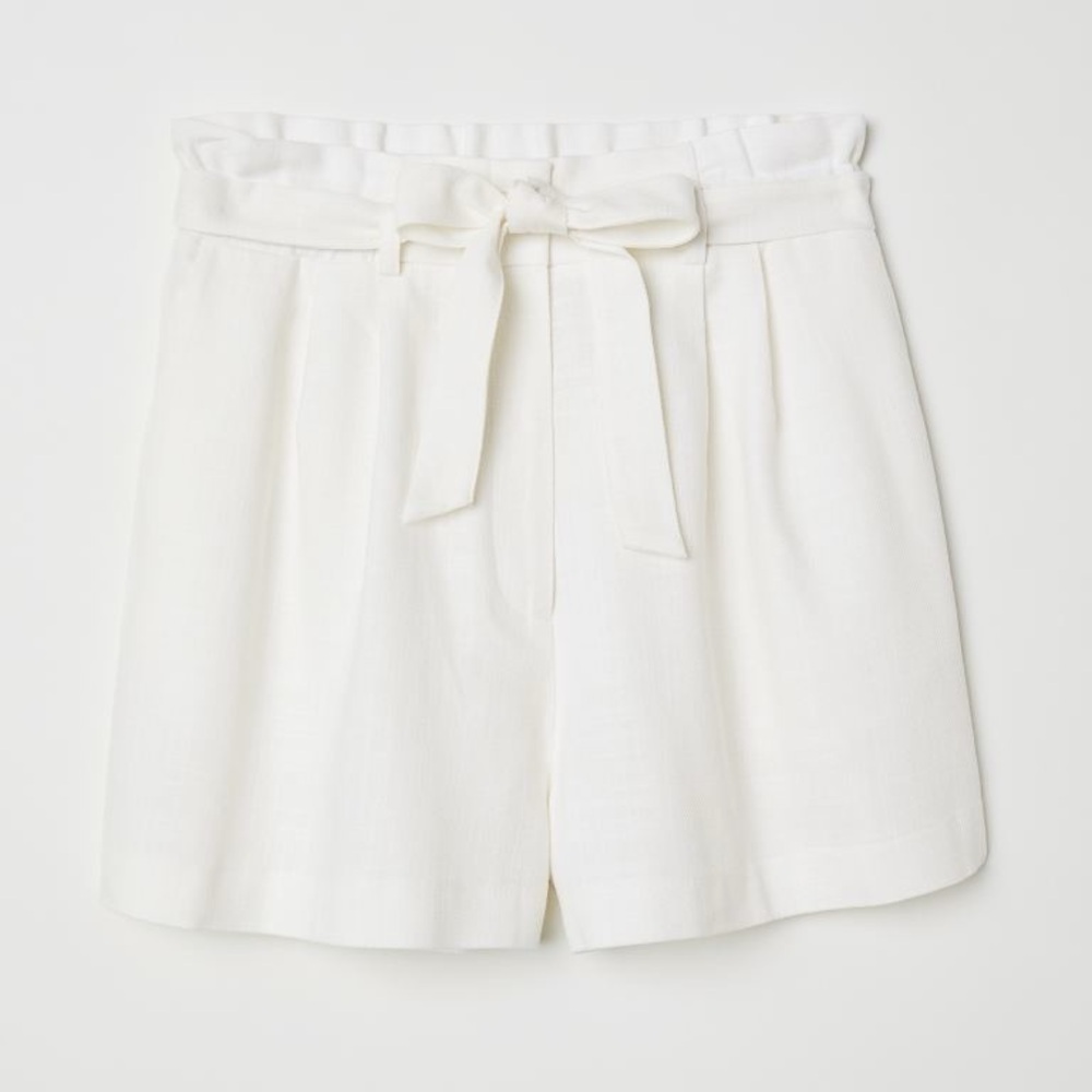 H&M denim shorts paper bag waist high rise jeans ivory pockets tie adjustable - Picture 7 of 7